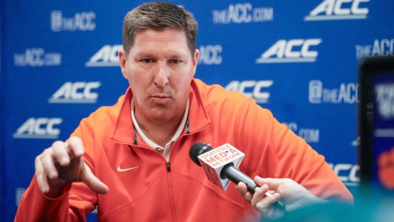 Oct 25, 2023; Charlotte, NC, USA;  Clemson coach Brad Brownell  speaks to the media during the ACC Tipoff at Hilton Charlotte Uptown. Mandatory Credit: Jim Dedmon-USA TODAY Sports