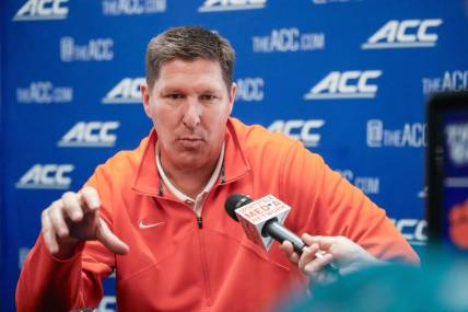 Oct 25, 2023; Charlotte, NC, USA;  Clemson coach Brad Brownell  speaks to the media during the ACC Tipoff at Hilton Charlotte Uptown. Mandatory Credit: Jim Dedmon-USA TODAY Sports