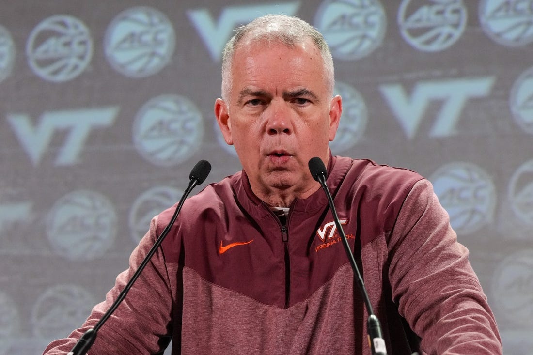 Oct 25, 2023; Charlotte, NC, USA;   Virginia Tech coach Mike Young  speaks to the media during the ACC Tipoff at Hilton Charlotte Uptown. Mandatory Credit: Jim Dedmon-USA TODAY Sports