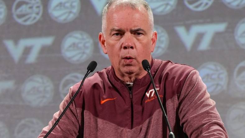 Oct 25, 2023; Charlotte, NC, USA;   Virginia Tech coach Mike Young  speaks to the media during the ACC Tipoff at Hilton Charlotte Uptown. Mandatory Credit: Jim Dedmon-USA TODAY Sports