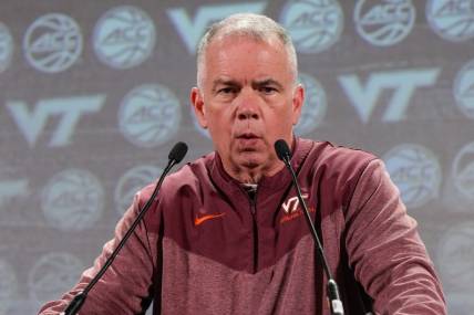 Oct 25, 2023; Charlotte, NC, USA;   Virginia Tech coach Mike Young  speaks to the media during the ACC Tipoff at Hilton Charlotte Uptown. Mandatory Credit: Jim Dedmon-USA TODAY Sports