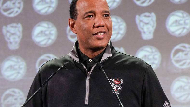 Oct 25, 2023; Charlotte, NC, USA;  North Carolina State coach Kevin Keatts  speaks to the media during the ACC Tipoff at Hilton Charlotte Uptown. Mandatory Credit: Jim Dedmon-USA TODAY Sports