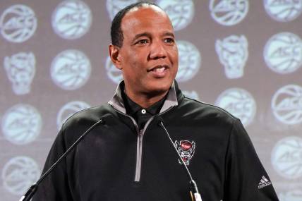 Oct 25, 2023; Charlotte, NC, USA;  North Carolina State coach Kevin Keatts  speaks to the media during the ACC Tipoff at Hilton Charlotte Uptown. Mandatory Credit: Jim Dedmon-USA TODAY Sports