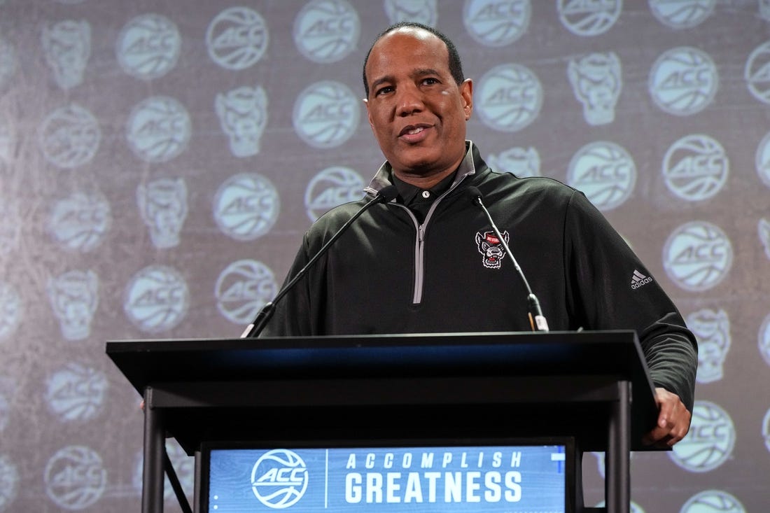 Oct 25, 2023; Charlotte, NC, USA;  North Carolina State coach Kevin Keatts  speaks to the media during the ACC Tipoff at Hilton Charlotte Uptown. Mandatory Credit: Jim Dedmon-USA TODAY Sports