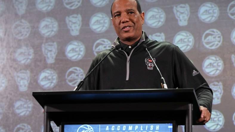 Oct 25, 2023; Charlotte, NC, USA;  North Carolina State coach Kevin Keatts  speaks to the media during the ACC Tipoff at Hilton Charlotte Uptown. Mandatory Credit: Jim Dedmon-USA TODAY Sports