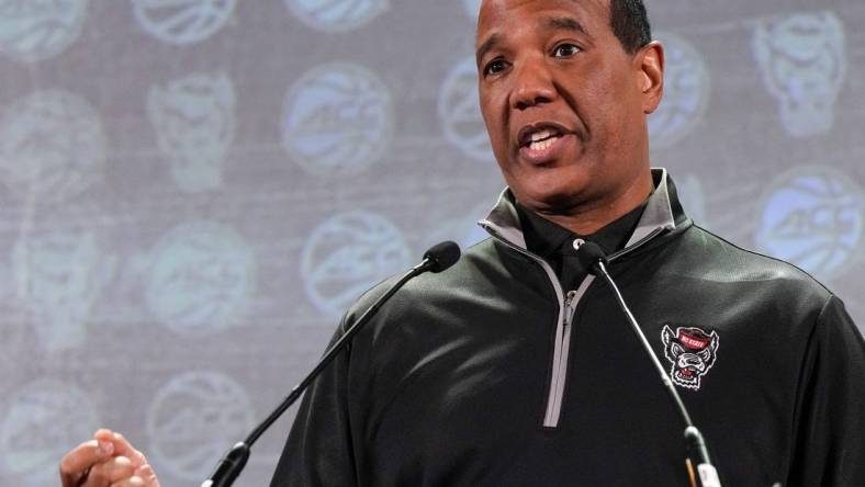 Oct 25, 2023; Charlotte, NC, USA; North Carolina State coach Kevin Keatts  speaks to the media during the ACC Tipoff at Hilton Charlotte Uptown. Mandatory Credit: Jim Dedmon-USA TODAY Sports