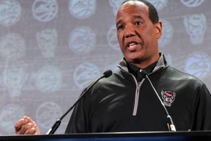 Oct 25, 2023; Charlotte, NC, USA; North Carolina State coach Kevin Keatts  speaks to the media during the ACC Tipoff at Hilton Charlotte Uptown. Mandatory Credit: Jim Dedmon-USA TODAY Sports