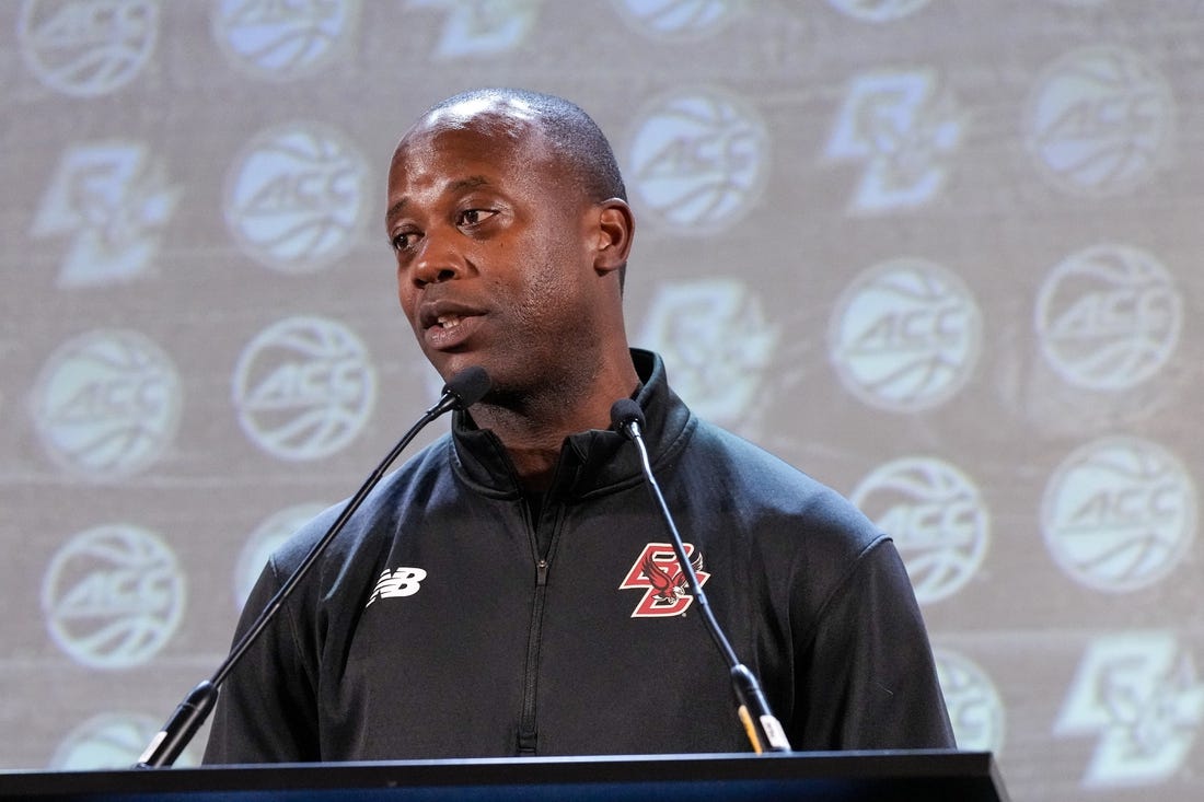 Oct 25, 2023; Charlotte, NC, USA; Boston College coach Earl Grant speaks to the media during the ACC Tipoff at Hilton Charlotte Uptown. Mandatory Credit: Jim Dedmon-USA TODAY Sports