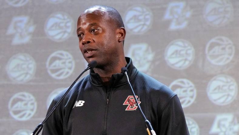 Oct 25, 2023; Charlotte, NC, USA; Boston College coach Earl Grant speaks to the media during the ACC Tipoff at Hilton Charlotte Uptown. Mandatory Credit: Jim Dedmon-USA TODAY Sports