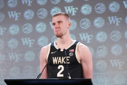 Oct 25, 2023; Charlotte, NC, USA; Wake Forest Demon Deacons player Cameron Hildreth  speaks to the media during the ACC Tipoff at Hilton Charlotte Uptown. Mandatory Credit: Jim Dedmon-USA TODAY Sports