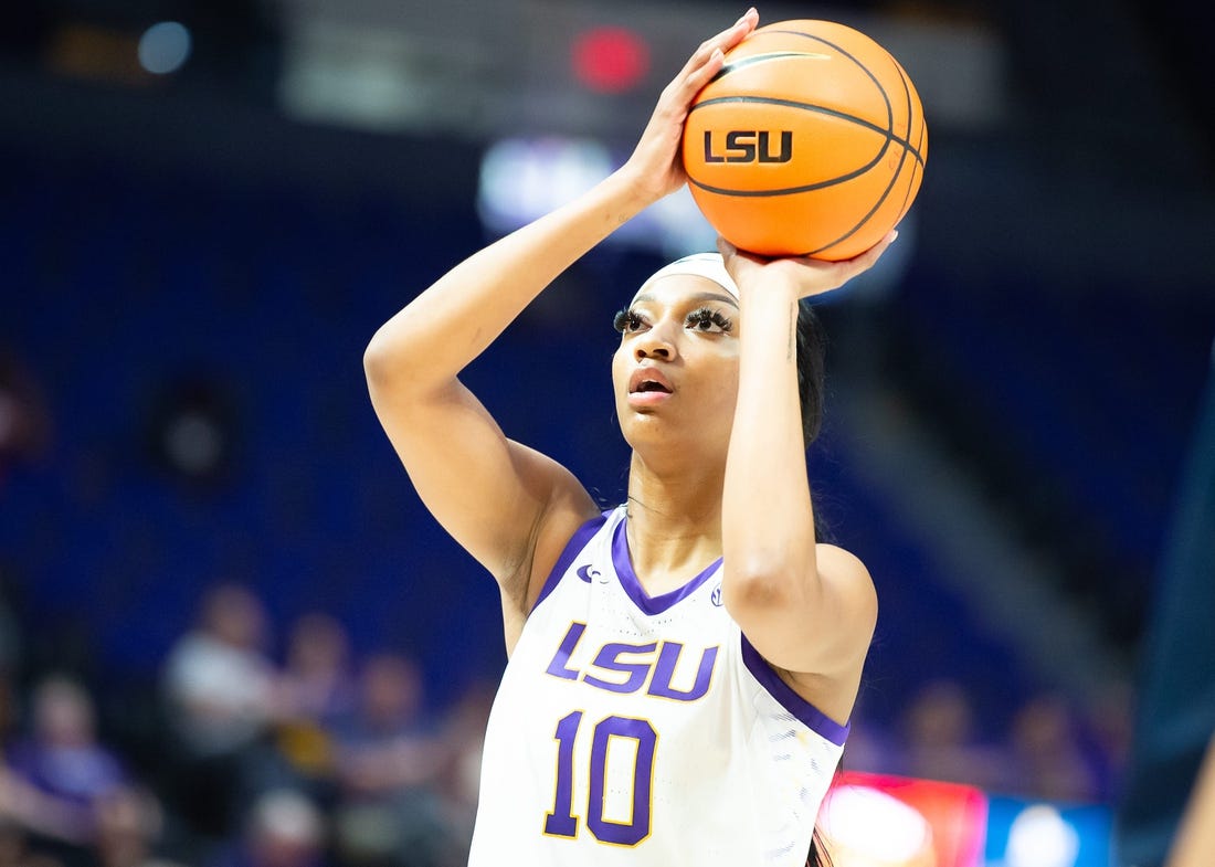 Angel Reese (10) shoots a free throw as LSU Womens Basketball host East Texas Baptist. Thursday, Oct. 26, 2023.