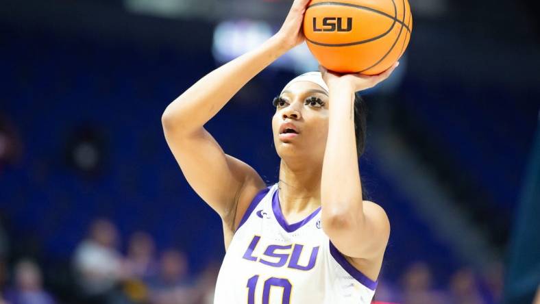 Angel Reese (10) shoots a free throw as LSU Womens Basketball host East Texas Baptist. Thursday, Oct. 26, 2023.