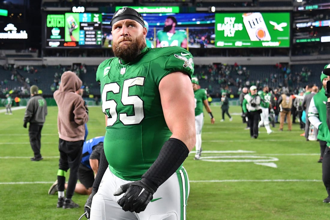 Oct 22, 2023; Philadelphia, Pennsylvania, USA; Philadelphia Eagles offensive tackle Lane Johnson (65) against the Miami Dolphins at Lincoln Financial Field. Mandatory Credit: Eric Hartline-USA TODAY Sports