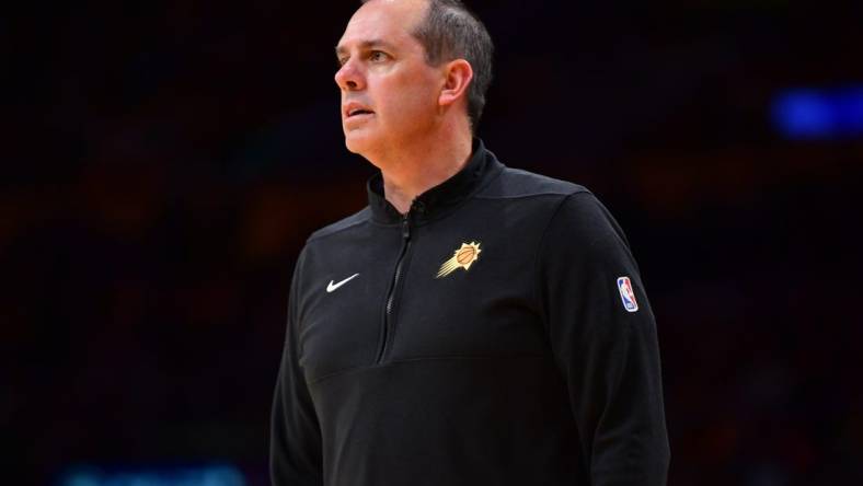 Oct 26, 2023; Los Angeles, California, USA; Phoenix Suns head coach Frank Vogel watches game action against the Los Angeles Lakers during the first half at Crypto.com Arena. Mandatory Credit: Gary A. Vasquez-USA TODAY Sports