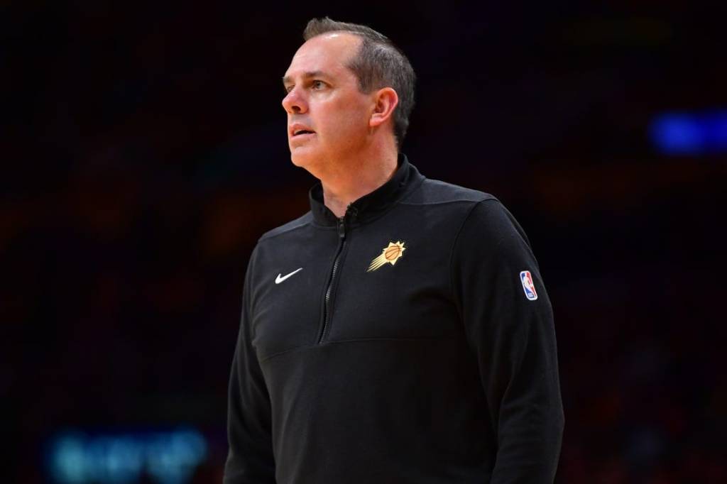 Oct 26, 2023; Los Angeles, California, USA; Phoenix Suns head coach Frank Vogel watches game action against the Los Angeles Lakers during the first half at Crypto.com Arena. Mandatory Credit: Gary A. Vasquez-USA TODAY Sports