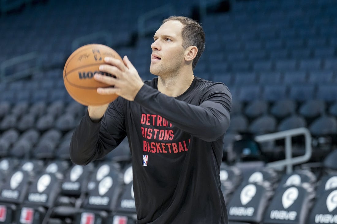 Oct 27, 2023; Charlotte, North Carolina, USA; Detroit Pistons forward Bojan Bogdanovic (44) during pre-game warm ups against the Charlotte Hornets at Spectrum Center. Mandatory Credit: Jim Dedmon-USA TODAY Sports