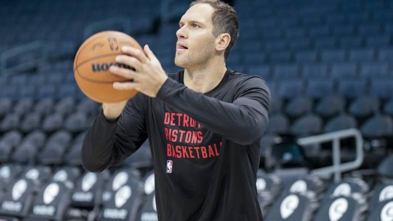 Oct 27, 2023; Charlotte, North Carolina, USA; Detroit Pistons forward Bojan Bogdanovic (44) during pre-game warm ups against the Charlotte Hornets at Spectrum Center. Mandatory Credit: Jim Dedmon-USA TODAY Sports