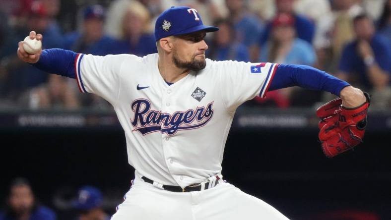 Texas Rangers starting pitcher Nathan Eovaldi (17) throws a pitch against the Arizona Diamondbacks during the second inning in game one of the 2023 World Series at Globe Life Field in Arlington, Texas, on Oct. 27, 2023.