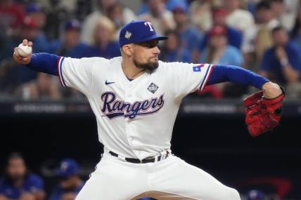 Texas Rangers starting pitcher Nathan Eovaldi (17) throws a pitch against the Arizona Diamondbacks during the second inning in game one of the 2023 World Series at Globe Life Field in Arlington, Texas, on Oct. 27, 2023.