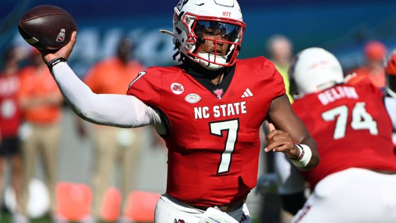 Oct 28, 2023; Raleigh, North Carolina, USA; North Carolina State Wolfpack quarterback MJ Morris (7) throws a pass during the first half against the Clemson Tigers at Carter-Finley Stadium. Mandatory Credit: Rob Kinnan-USA TODAY Sports