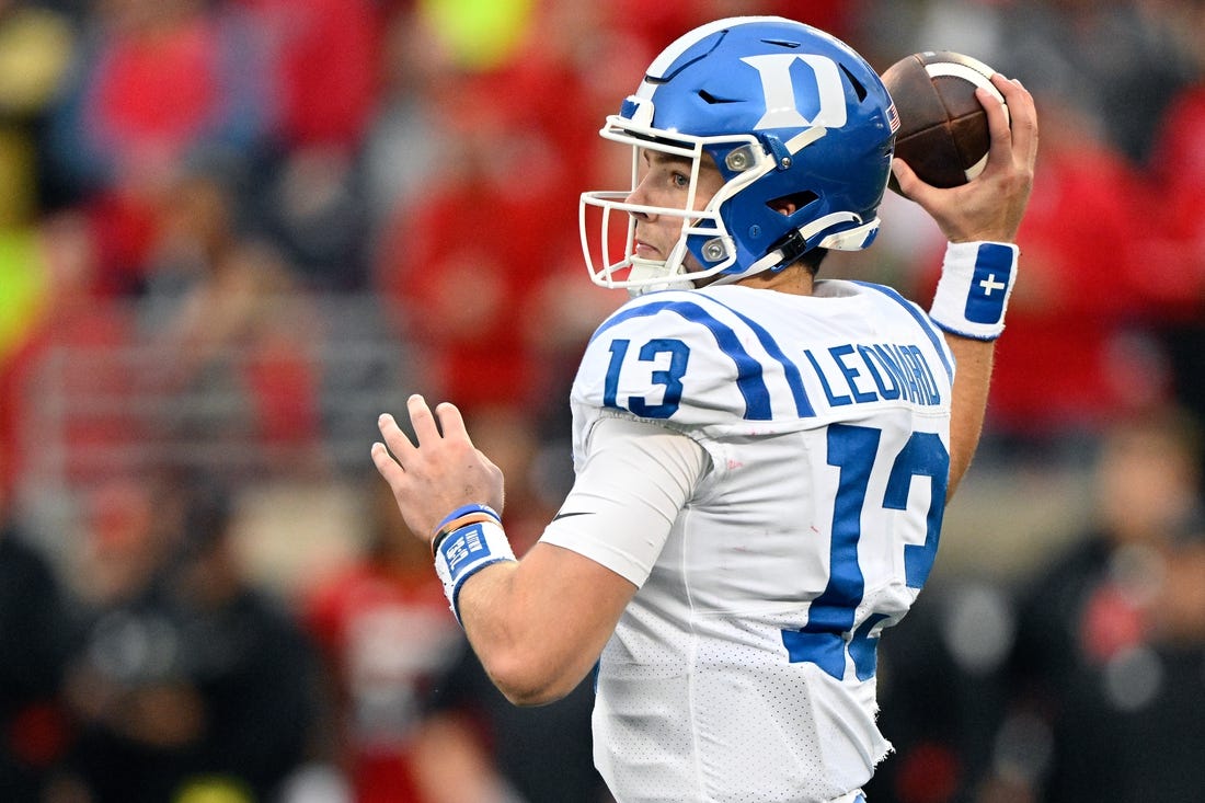 Oct 28, 2023; Louisville, Kentucky, USA;  Duke Blue Devils quarterback Riley Leonard (13) looks to pass the ball against the Louisville Cardinals during the second half at L&N Federal Credit Union Stadium. Mandatory Credit: Jamie Rhodes-USA TODAY Sports