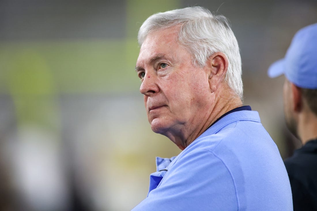 Oct 28, 2023; Atlanta, Georgia, USA; North Carolina Tar Heels head coach Mack Brown on the field before a game against the Georgia Tech Yellow Jackets at Bobby Dodd Stadium at Hyundai Field. Mandatory Credit: Brett Davis-USA TODAY Sports