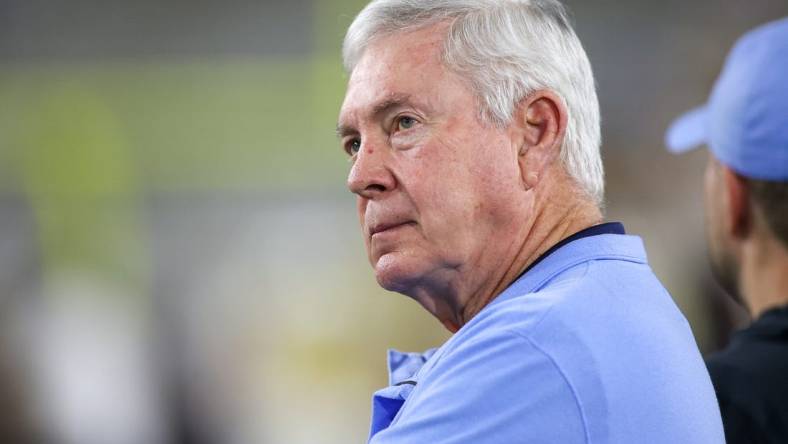 Oct 28, 2023; Atlanta, Georgia, USA; North Carolina Tar Heels head coach Mack Brown on the field before a game against the Georgia Tech Yellow Jackets at Bobby Dodd Stadium at Hyundai Field. Mandatory Credit: Brett Davis-USA TODAY Sports