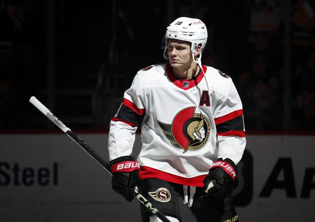 Oct 28, 2023; Pittsburgh, Pennsylvania, USA; Ottawa Senators left wing Tim Stutzle (18) takes the ice to play against the Pittsburgh Penguins during the first period at PPG Paints Arena. Mandatory Credit: Charles LeClaire-USA TODAY Sports