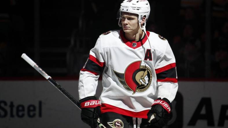 Oct 28, 2023; Pittsburgh, Pennsylvania, USA; Ottawa Senators left wing Tim Stutzle (18) takes the ice to play against the Pittsburgh Penguins during the first period at PPG Paints Arena. Mandatory Credit: Charles LeClaire-USA TODAY Sports