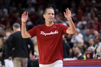 Oct 28, 2023; Fayetteville, AR, USA; Arkansas Razorbacks head coach Eric Musselman reacts to a call in the second half  against the Purdue Boilermakers at Bud Walton Arena. Arkansas won 81-77. Mandatory Credit: Nelson Chenault-USA TODAY Sports