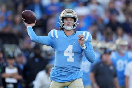 Oct 28, 2023; Pasadena, California, USA; UCLA Bruins quarterback Ethan Garbers (4) throws the ball against the Colorado Buffaloes in the first half at Rose Bowl. Mandatory Credit: Kirby Lee-USA TODAY Sports