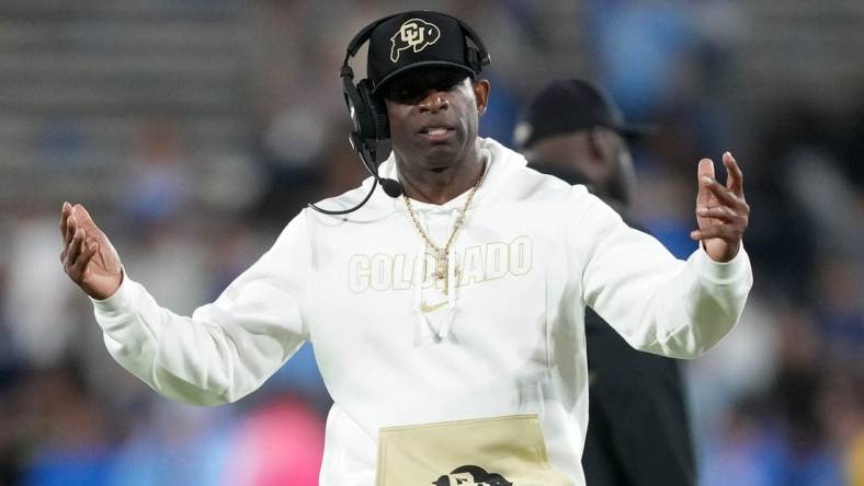 Oct 28, 2023; Pasadena, California, USA; Colorado Buffaloes head coach Deion Sanders reacts against the UCLA Bruins in the second half at Rose Bowl. Mandatory Credit: Kirby Lee-USA TODAY Sports