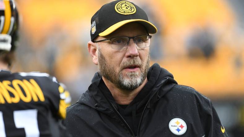 Oct 29, 2023; Pittsburgh, Pennsylvania, USA;  Pittsburgh Steelers offensive coordinator Matt Canada before playing the Jacksonville Jaguars at Acrisure Stadium. Mandatory Credit: Philip G. Pavely-USA TODAY Sports