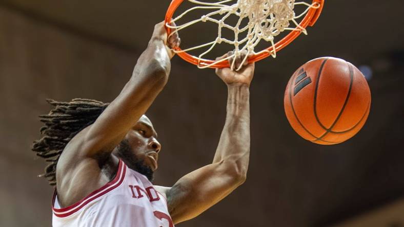 Indiana's Mackenzie Mgbako (21) dunks during the Indiana versus University of Indianapolis men's basketball game at Simon Skjodt Assembly Hall on Sunday, Oct. 29, 2023.