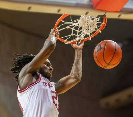Indiana's Mackenzie Mgbako (21) dunks during the Indiana versus University of Indianapolis men's basketball game at Simon Skjodt Assembly Hall on Sunday, Oct. 29, 2023.