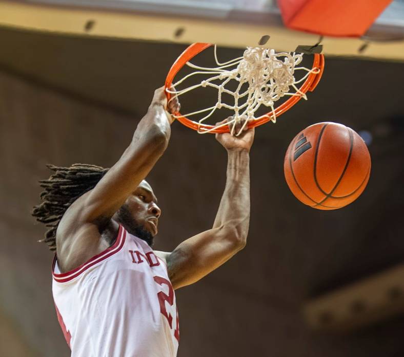 Indiana's Mackenzie Mgbako (21) dunks during the Indiana versus University of Indianapolis men's basketball game at Simon Skjodt Assembly Hall on Sunday, Oct. 29, 2023.