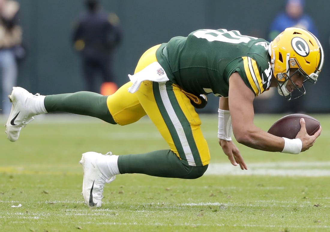 Oct 29, 2023; Green Bay, Wisconsin, USA; Green Bay Packers quarterback Jordan Love (10) against the Minnesota Vikings during their football game at Lambeau Field. Mandatory Credit: Wm. Glasheen-USA TODAY Sports