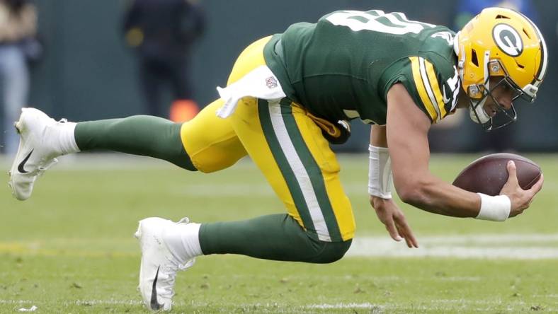 Oct 29, 2023; Green Bay, Wisconsin, USA; Green Bay Packers quarterback Jordan Love (10) against the Minnesota Vikings during their football game at Lambeau Field. Mandatory Credit: Wm. Glasheen-USA TODAY Sports