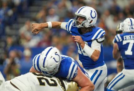 Indianapolis Colts quarterback Gardner Minshew II (10) throws the ball Sunday, Oct. 29, 2023, at Lucas Oil Stadium in Indianapolis. The Colts lost to the Saints, 38-27.