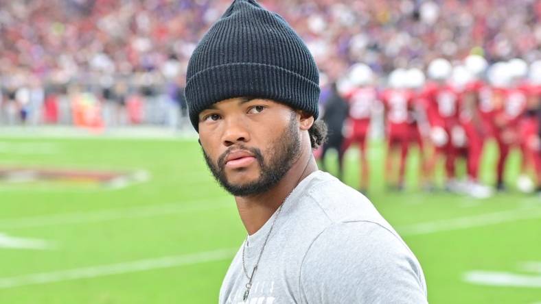 Oct 29, 2023; Glendale, Arizona, USA; Arizona Cardinals quarterback Kyler Murray (1) looks on in the first half against the Baltimore Ravens at State Farm Stadium. Mandatory Credit: Matt Kartozian-USA TODAY Sports