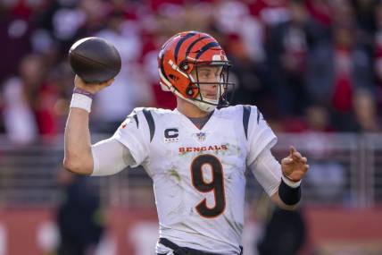 October 29, 2023; Santa Clara, California, USA; Cincinnati Bengals quarterback Joe Burrow (9) passes the football against the San Francisco 49ers during the third quarter at Levi's Stadium. Mandatory Credit: Kyle Terada-USA TODAY Sports