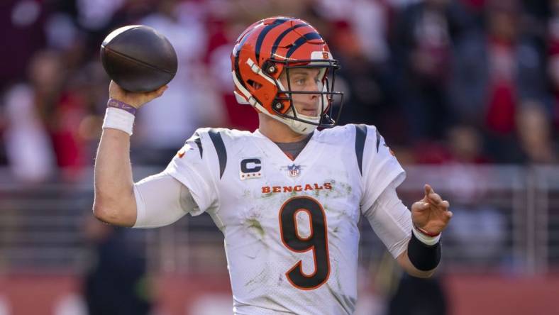 October 29, 2023; Santa Clara, California, USA; Cincinnati Bengals quarterback Joe Burrow (9) passes the football against the San Francisco 49ers during the third quarter at Levi's Stadium. Mandatory Credit: Kyle Terada-USA TODAY Sports