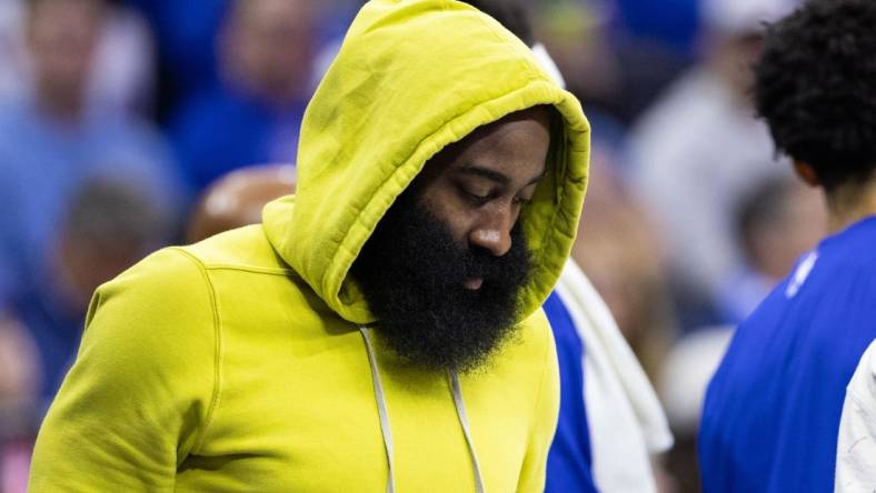 Oct 29, 2023; Philadelphia, Pennsylvania, USA; Philadelphia 76ers guard James Harden in plain clothes on the bench during the second quarter of a game against the Portland Trail Blazers at Wells Fargo Center. Mandatory Credit: Bill Streicher-USA TODAY Sports