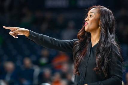 Notre Dame Fighting Irish head coach Niele Ivey signals to her players in the second half against Purdue Northwest Monday, Oct. 30, 2023, at the Purcell Pavilion.
