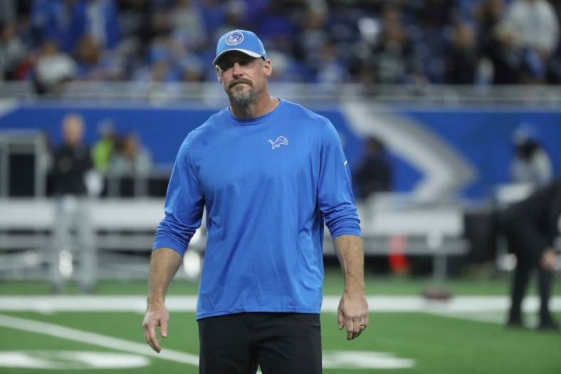 Detroit Lions head coach Dan Campbell on the field during warmups before action against the Las Vegas Raiders at Ford Field, Monday, Oct. 30, 2023.