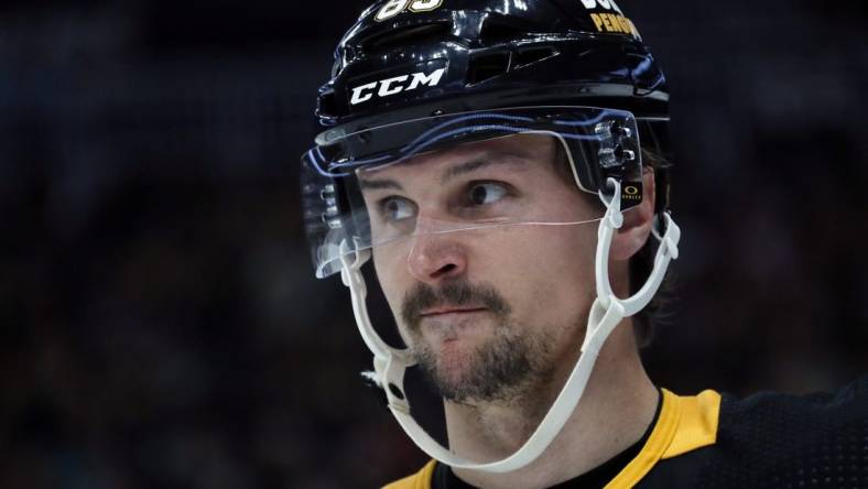 Oct 30, 2023; Pittsburgh, Pennsylvania, USA;  Pittsburgh Penguins defenseman Erik Karlsson (65) looks on against the Anaheim Ducks during the third period at PPG Paints Arena. Anaheim won 4-3. Mandatory Credit: Charles LeClaire-USA TODAY Sports