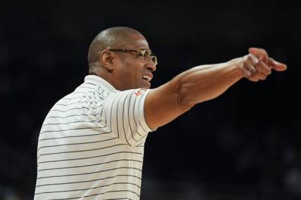 Texas Longhorns head coach Rodney Terry reacts to a call during a scrimmage against St. Edward's University on Monday, Oct. 30, 2023. The Longhorns won 84-63.