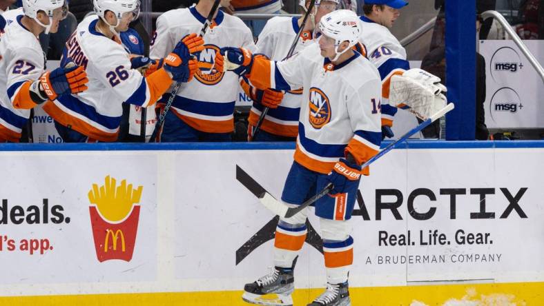 Oct 30, 2023; Elmont, New York, USA; New York Islanders center Bo Horvat (14) celebrates his goal against the Detroit Red Wings during the third period at UBS Arena. Mandatory Credit: Thomas Salus-USA TODAY Sports