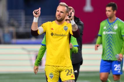 Oct 30, 2023; Seattle, Washington, USA; Seattle Sounders FC goalkeeper Stefan Frei (24) applauds after defeating FC Dallas in game one of a round one match of the 2023 MLS Cup Playoffs at Lumen Field. Mandatory Credit: Steven Bisig-USA TODAY Sports