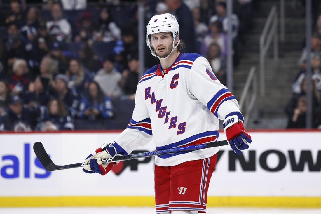 Oct 30, 2023; Winnipeg, Manitoba, CAN; New York Rangers defenseman Jacob Trouba (8) looks on in the second period against the Winnipeg Jets at Canada Life Centre. Mandatory Credit: James Carey Lauder-USA TODAY Sports